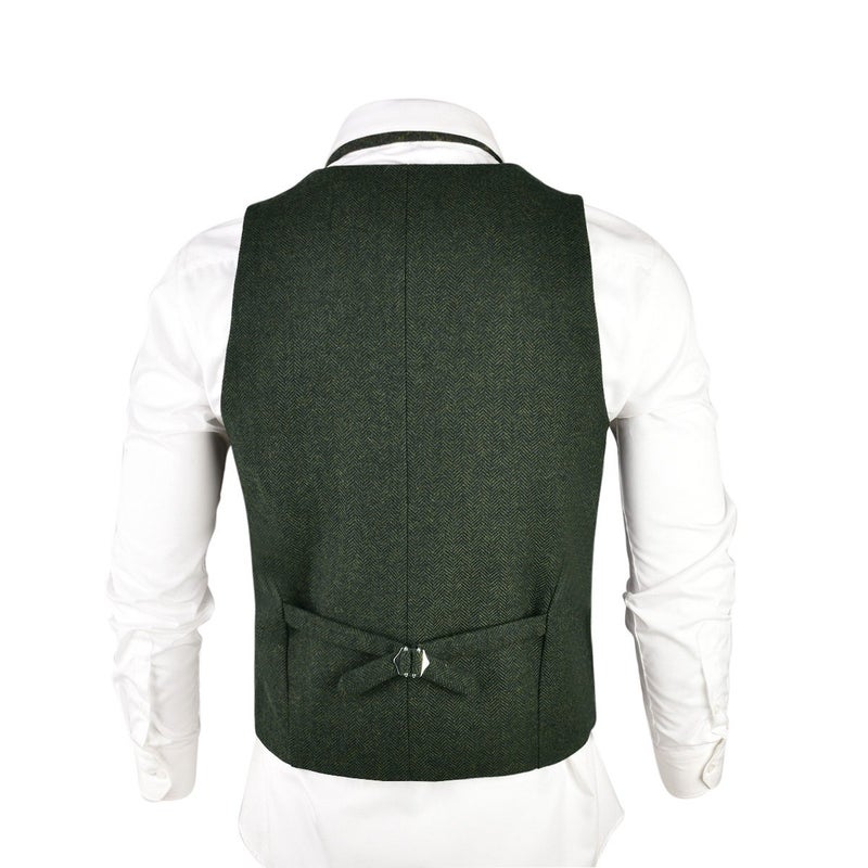 VOBOOM Mens Herringbone Tailored Collar Waistcoat Fullback Wool Tweed Suit Vest (Army Green, Small) - Image 4